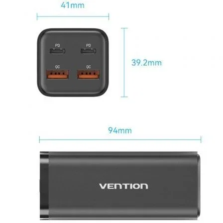 CARGADOR PARED 100W 2xUSB-C + CABLE USB-C/ 2xUSB-A NEGRO VENTION